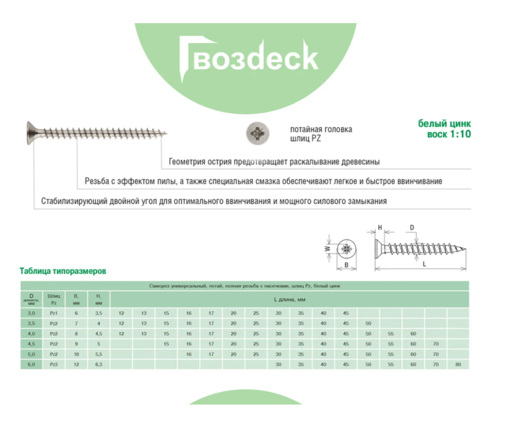 Саморез Гвозdeck HR универсальный по дереву потайной 3,5*30 Ц Pz Упаковка 1000шт